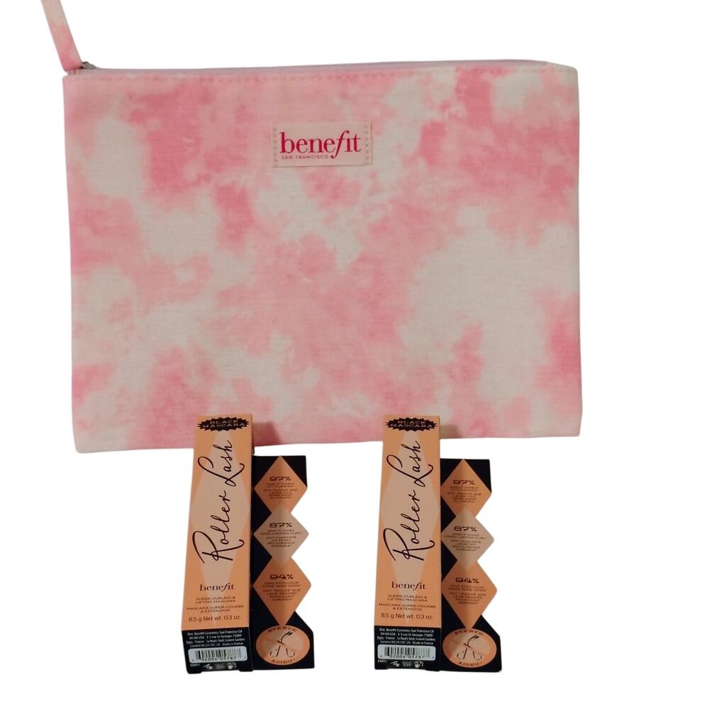 Benefit Super Curling Lifting Mascara Roller Lash Pink Tie Dye Makeup Pouch Bag